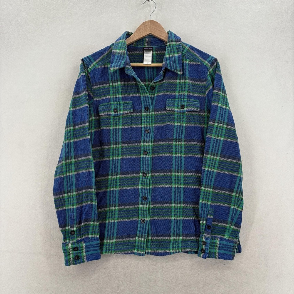Patagonia Shirt Womens 12 Blue Green Plaid Organic Cotton Flannel Button Up Camp